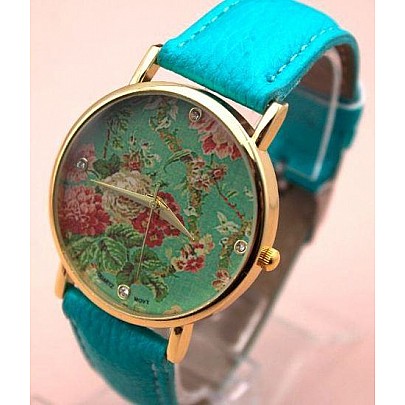 Dámské květované hodinky - modré