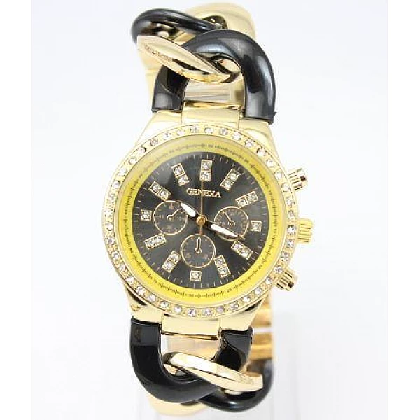 Dámské hodinky Geneva - náramek řetěz Gold Black Dámské hodinky Geneva - náramek řetěz Gold Black
