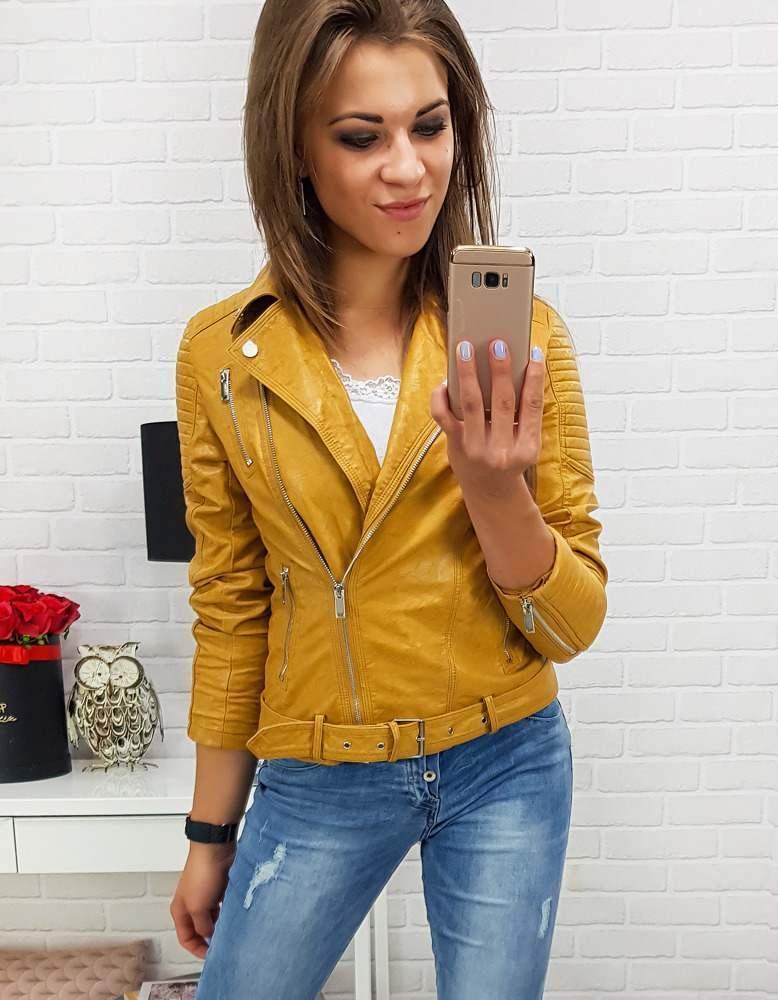 Trendová kožená dámská bunda - žlutá ty0273
